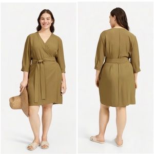 Everlane Olive Japanese Goweave Long-sleeve Mini Wrap Casual Dress